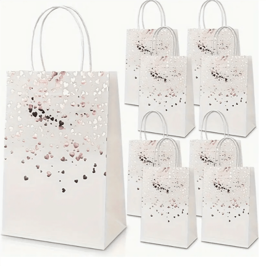 6/8/12/16/24pcs/Set 21*15*8CM Hot Stamping White Heart Pattern Gift Bags With Handles, Kraft Paper Gift Bags In Bulk, Suitable For Birthday, Wedding, Party, Party Supplies And Gift Decorations