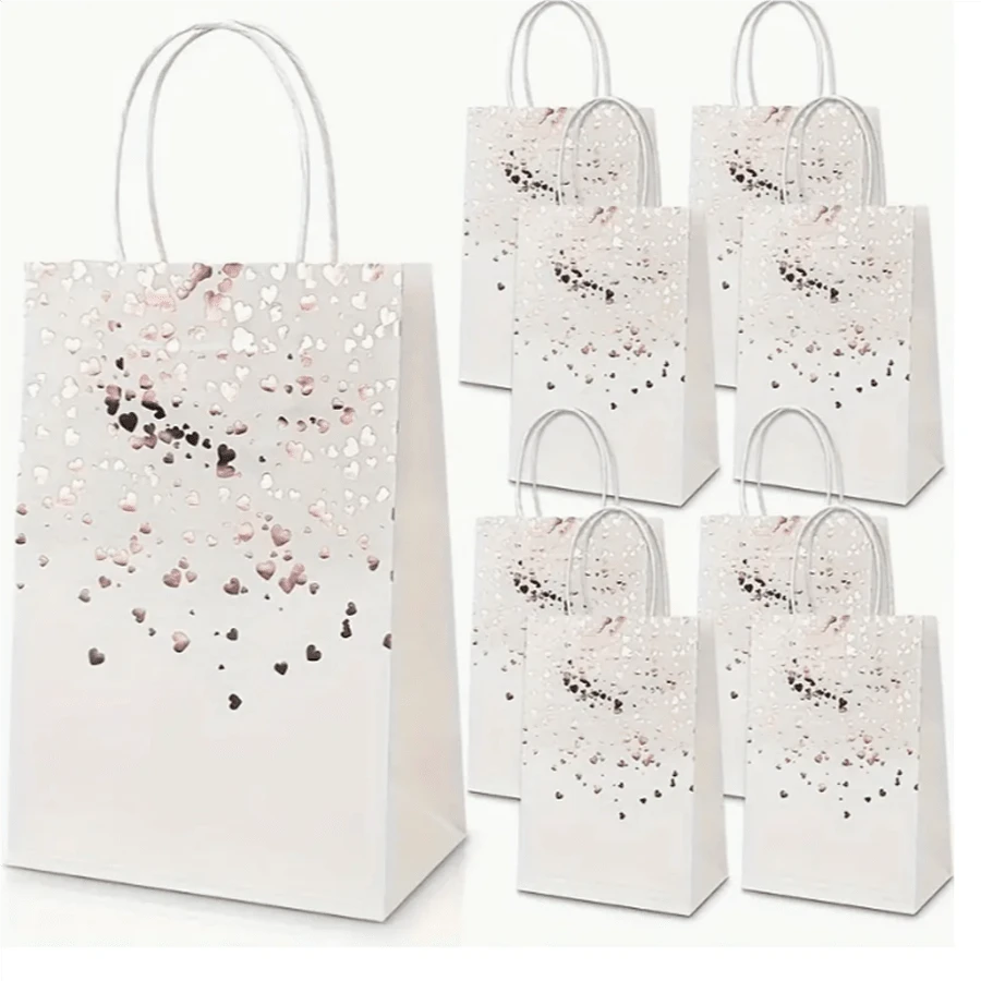 6/8/12/16/24pcs/Set 21*15*8CM Hot Stamping White Heart Pattern Gift Bags With Handles, Kraft Paper Gift Bags In Bulk, Suitable For Birthday, Wedding, Party, Party Supplies And Gift Decorations