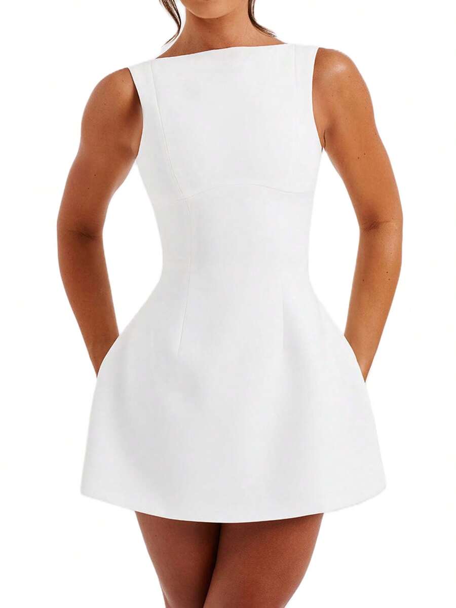 Women's Summer Mini Tank Dress Sleeveless Open Back Solid Color Above Knee Dresses - White - View 1