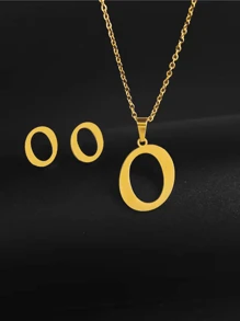 1 套钛钢 26 字母设计时尚百搭耳钉和吊坠项链首饰套装，适合男士，18K 镀金，适合送礼和日常佩戴
