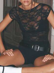 Women's Sheer Lace Tops Summer Cap Sleeve Scoop Neck Solid Color T-Shirts Blouses