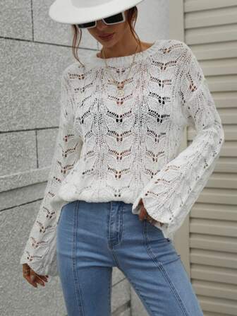 Plus Size Women's Sweater Hollow Design Geometric Pattern Round Neck Long Sleeve Casual Commuter Top Females Wear Fashionable Ladies Apparel Tops Spring Outfits For Women Tropical Vacation Woman Clothes Beach Outfits For Woman Summer Bohemia Elegant Vacation Casual Summer Outfits For Women