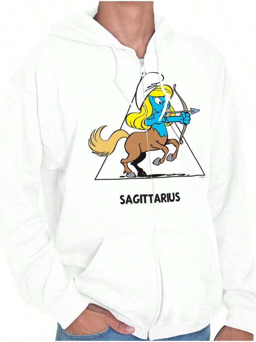 Sudadera con capucha con cremallera con gráficos de Los Pitufos, personaje de dibujos animados retro vintage, Pitufina, signo del zodíaco Sagitario, estampado de algodón con forro térmico, con cordón, marca Brisco Brands