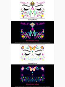 2/3/8pcs, Music Festival Fluorescent Face Tattoo Sticker Set,8 Sheets Temporary Tattoo Stickers, 10.5*15cm/Sheet Waterproof Masquerade Party Neon Glow Tattoo Sticker, Party Decor Supplies, Party Favors, Night Party Supplies, Glow In Dark Party Supplies For DIY Women Girls' Christmas Eve,For Music Festival