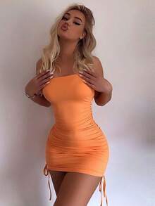 1pc 2024 New European Style Sexy Ruched Bodycon Mini Dress, Summer Fashionable Sleeveless Bodycon Slip Dress Party Elegant - Burnt Orange - View 5