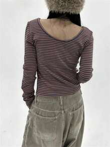Women T-Shirt, Long Sleeve Scoop Neck Ladies Fall Casual Striped Tops Streetwear