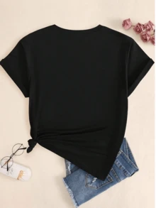 Cotton T-Shirt Retro Style Text Casual Comfort Premium Blouse Breathable Summer Women's Babylook - màu đen - Xem 3
