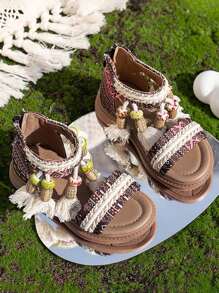 1 双夏季新款女童凉鞋，时尚公主风印花流苏软底学生罗马凉鞋，幼儿/小童/大童