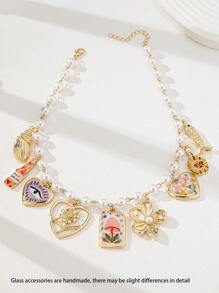 1 Stück Herz Medaillon, Kirsche, Cowboyhut, Stiefel, Schleife, Schlüssel Multi Charm Kette, Boho Künstliche Perlen Perlenkette mit Charms (handgefertigt, Form und Farbe haben zufällige Variationen) Valentinstag, Mama, Mutter, Muttertag, Geschenk