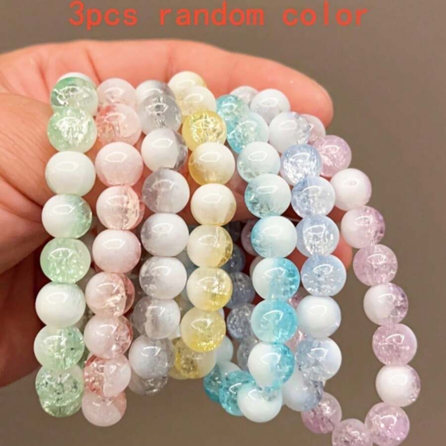 8mm Multi-Color Crackle Glaze Beaded Friendship Bracelet Set For Women - 3pcs Milk Popcorn - View 1