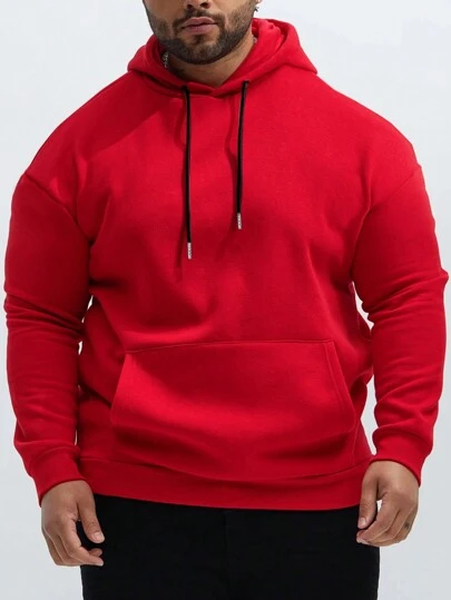 Plus Size Men's Solid Color Long Sleeve Hooded Sweatshirt With Pockets & Drawstring, Autumn/Winter