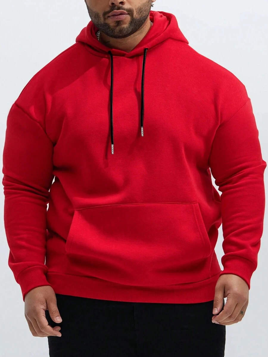 Plus Size Men's Solid Color Long Sleeve Hooded Sweatshirt With Pockets & Drawstring, Autumn/Winter - Red - View 1