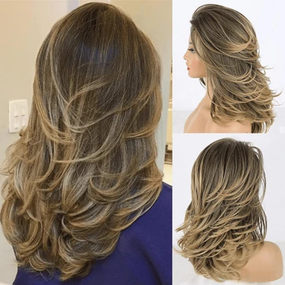 Peluca larga de cabello liso con capas, de ambiente elegante, adecuada para uso diario, fibra química resistente a altas temperaturas, apta para uso diario y en fiestas