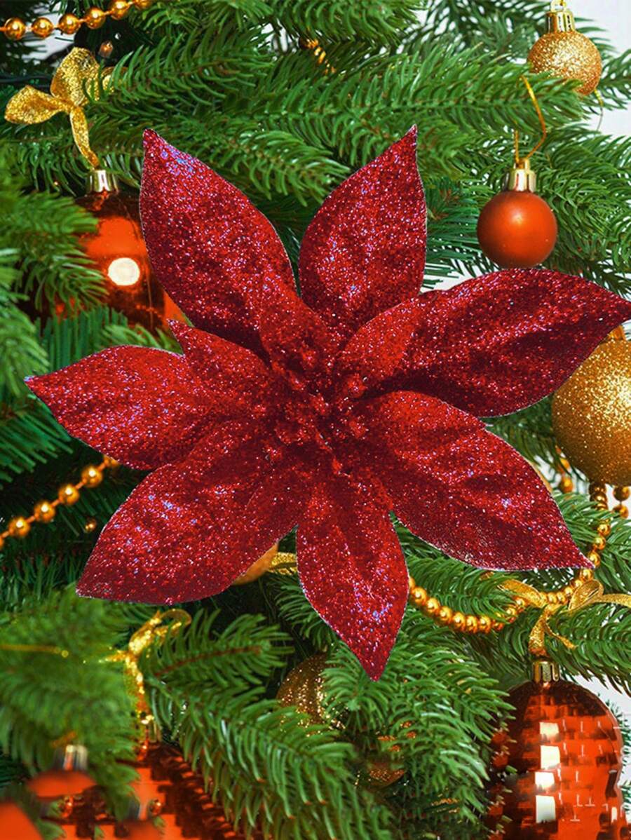 Set de 10 piezas/20 piezas/1 pieza Flores artificiales con brillo para decorar el árbol de Navidad (con clips), guirnalda floral brillante para corona de Navidad DIY para fiesta, decoración navideña, adecuado para boda, fiesta de Navidad, San Valentín, regalo - Rojo - Ver 1