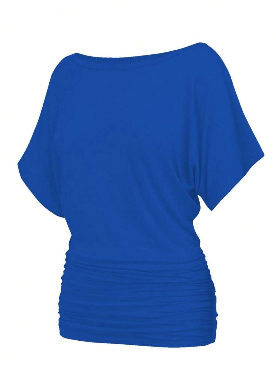 OUTBALL Womens Casual T Shirts Short Sleeve Dolman Shirts Boat Neck Ruched Tops Summer Lightweight Clothes - Xanh đậm - Xem 1