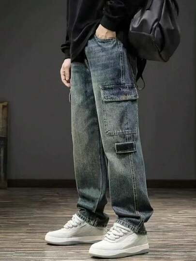 Teen Boy American Style Casual Baggy Straight Jeans, Multi-Pocket Spring & Autumn New Retro Wide-Leg Loose Cargo Pants