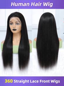 Peruca de Renda Completa 360° Reta Frente de Renda Cabelo Humano 180% de Densidade para Mulheres, Cor Preta, Peruca Frontal de Renda de Cabelo Humano Pré-Desfiada, Cor Natural de Cabelo Humano