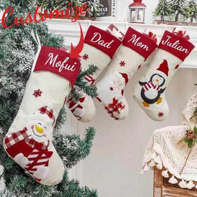 Custom Large Christmas Stocking Gift Bag, Santa Claus Snowman Candy Gift Stocking, Tree Decorations, Family Holiday Christmas Party Decorations, Holiday Gift Storage, Christmas