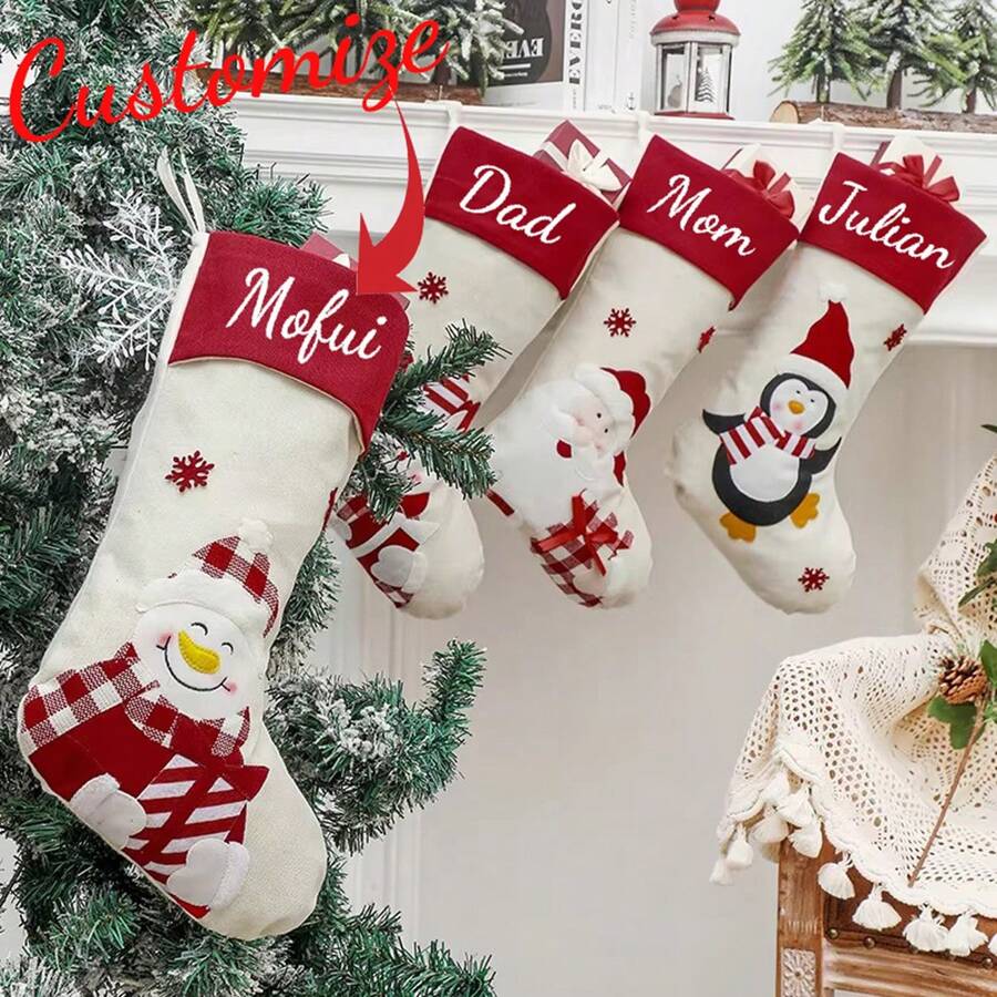 Custom Large Christmas Stocking Gift Bag, Santa Claus Snowman Candy Gift Stocking, Tree Decorations, Family Holiday Christmas Party Decorations, Holiday Gift Storage, Christmas - Multicolor - View 1