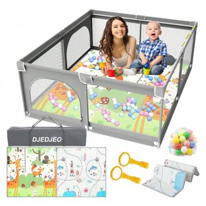 Box Bambini con Materassino, 180 x150cm Inclusi50 Palline  4 Maniglie ,Grande con Morbida Rete Traspirante e Base Antiscivolo, Box Neonato con Borsa per Riporre, Centro Attività Interni ed Esterni