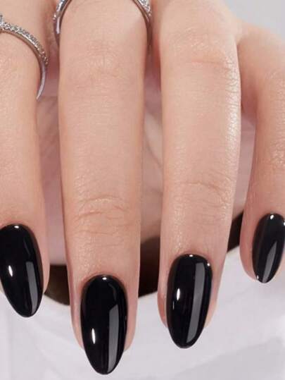 24pcs Short Almond-Shaped Solid Wine Red False Nails, With 1pc Nail File And 1pc Gel Nail Sticker, Manicure Supplies