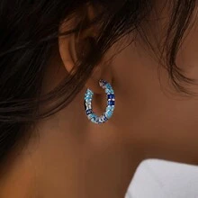 925 Silver Vintage Blue Zirconia Hoop Earrings, Exaggerated Luxury Circular Earrings For Women, Party, Gathering, Daily Wear, Gift For Friends And Family - Silver - View 7
