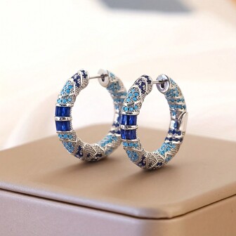 Pendientes de aro de plata de ley 925 con circonita azul vintage, pendientes circulares de lujo exagerados para mujeres, para fiestas, reuniones, uso diario, regalo para amigos y familiares