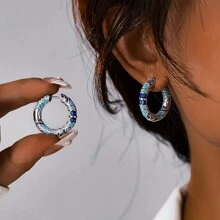 925 Silver Vintage Blue Zirconia Hoop Earrings, Exaggerated Luxury Circular Earrings For Women, Party, Gathering, Daily Wear, Gift For Friends And Family - Silver - View 5