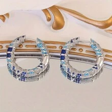 925 Silver Vintage Blue Zirconia Hoop Earrings, Exaggerated Luxury Circular Earrings For Women, Party, Gathering, Daily Wear, Gift For Friends And Family - Silver - View 2