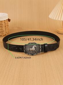 1 条男女通用复古西部牛仔动物扣压花 PU 皮带，时尚百搭，适合牛仔裤、裙子和全年穿着 - 黑色 - 查看 3