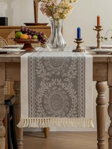 1pc Tablecloth, Water-Repellent And Stain-Resistant, Modern Minimalist Style, Handwoven Tassel Decor, Enhancing Dining Table Artistry, Suitable For Family Gatherings Or Holiday Celebrations - Grey - View 8