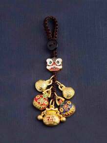 1 件古代金色财神钥匙扣吊坠配吞金兽、三口之家、汽车、包包和钥匙扣铜饰品 - 彩色 - 查看 13