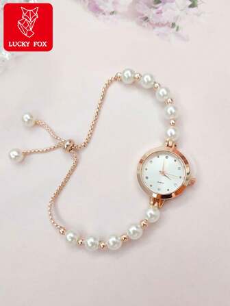  LUCKYFOX 1pc Rechargeable Stylish Quartz Watch For Teenage Girls, Pearl Strap, Rhinestones, Round Dial, Adjustable Chain, For Daily Wear, Gift