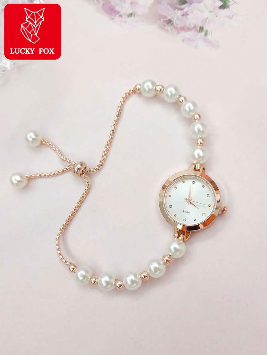 Đồng hồ LUCKYFOX Quartz dành cho thanh thiếu niên, dây đeo ngọc trai thời trang và thanh lịch đính đá, mặt tròn, dây đeo có thể điều chỉnh, phù hợp để đeo hàng ngày, quà tặng. - Vàng - Xem 1