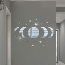 20pcs/Set Decorative Art Style Acrylic Wall Stickers, 3D Mirror Moon & Star Wall Decor For Ramadan, Plaid Pattern, Self-Adhesive, Single Use, Crystal Decor, Space Theme, Asymmetrical Shape, Glossy Surface, Suitable For Living Room Background, Glass Surface - No Electricity Or Battery Required