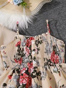 Left Mama Tween Girl 碎花长袖上衣和细肩带连衣裙套装，春季和秋季 - 杏色 - 查看 5