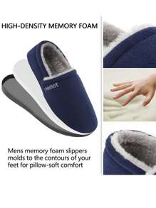 Riemot 男士绒面毛绒拖鞋，舒适记忆泡沫家居鞋，防滑橡胶鞋底，双重拉伸 - 藏蓝色 - 查看 4