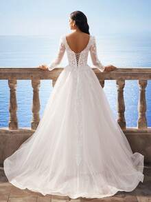 Square Neck Elegant Embellished Long Sleeve Luxury Lace Trailing Wedding Dress - White - View 3