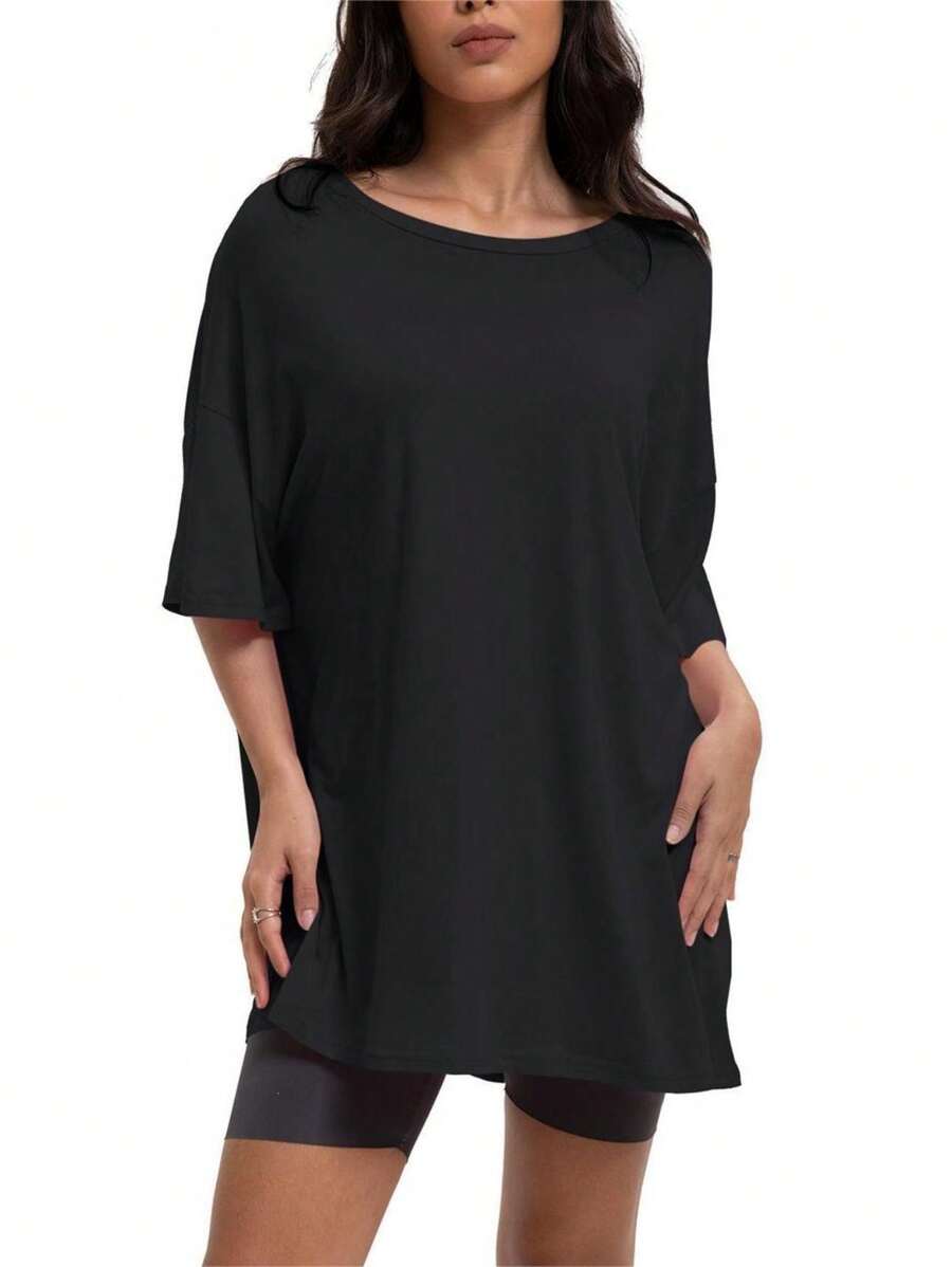 Women's Crew Neck Plus Size T Shirts Oversized Tees Summer Half Sleeve Tunic Tops - 黑色 - 查看 1