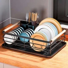Living And Home Kitchen Countertop Stainless Steel Dish Drainer Rack,Cutlery Holder Dish Drying Rack With Wooden Handle,Kitchen Organizer Storage Shelf