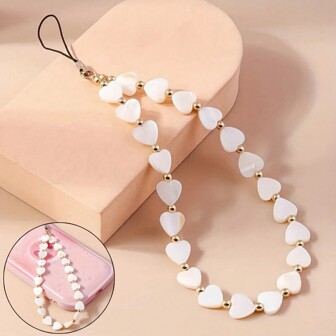 1 pieza Accesorio unisex para teléfono móvil con colgante de perla artificial, forma de corazón, concha marina y estrella, con piedras preciosas, correa antiperidida y anticaída, para decoración de llavero y accesorios de teléfono para Galaxy S22 23 24 Plus Ultra y 15 14 13 12 11 Pro Max Plus Mini