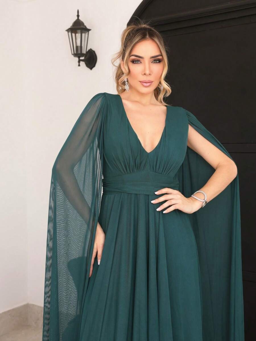 Women's Long Party Dress With Slit Cape Sleeve V-Neck Solid Color Elegant New Year's Eve - 墨綠色 - 查看 1