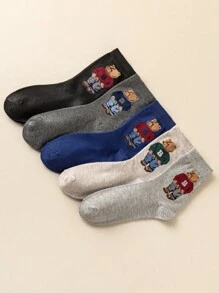 5 Pairs Cute Cartoon Bear Design Fashionable, Comfortable & Breathable Women's Mid-Calf Socks, Suitable For Easter, Fall