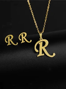 1 套钛钢 26 字母设计时尚百搭耳钉和吊坠项链首饰套装，适合男士，18K 镀金，适合送礼和日常佩戴