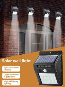 1/4 piezas Lámpara de pared solar de 60 LED, luz de acampada portátil impermeable de ABS a 6000K, con sensor de movimiento y 3 funciones inteligentes, compatible con batería de ión de litio 18650 para exteriores, jardín, garaje, camino, patio
