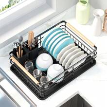 Living And Home Kitchen Countertop Stainless Steel Dish Drainer Rack,Cutlery Holder Dish Drying Rack With Wooden Handle,Kitchen Organizer Storage Shelf