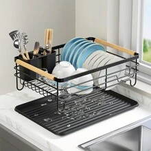 Living And Home Kitchen Countertop Stainless Steel Dish Drainer Rack,Cutlery Holder Dish Drying Rack With Wooden Handle,Kitchen Organizer Storage Shelf