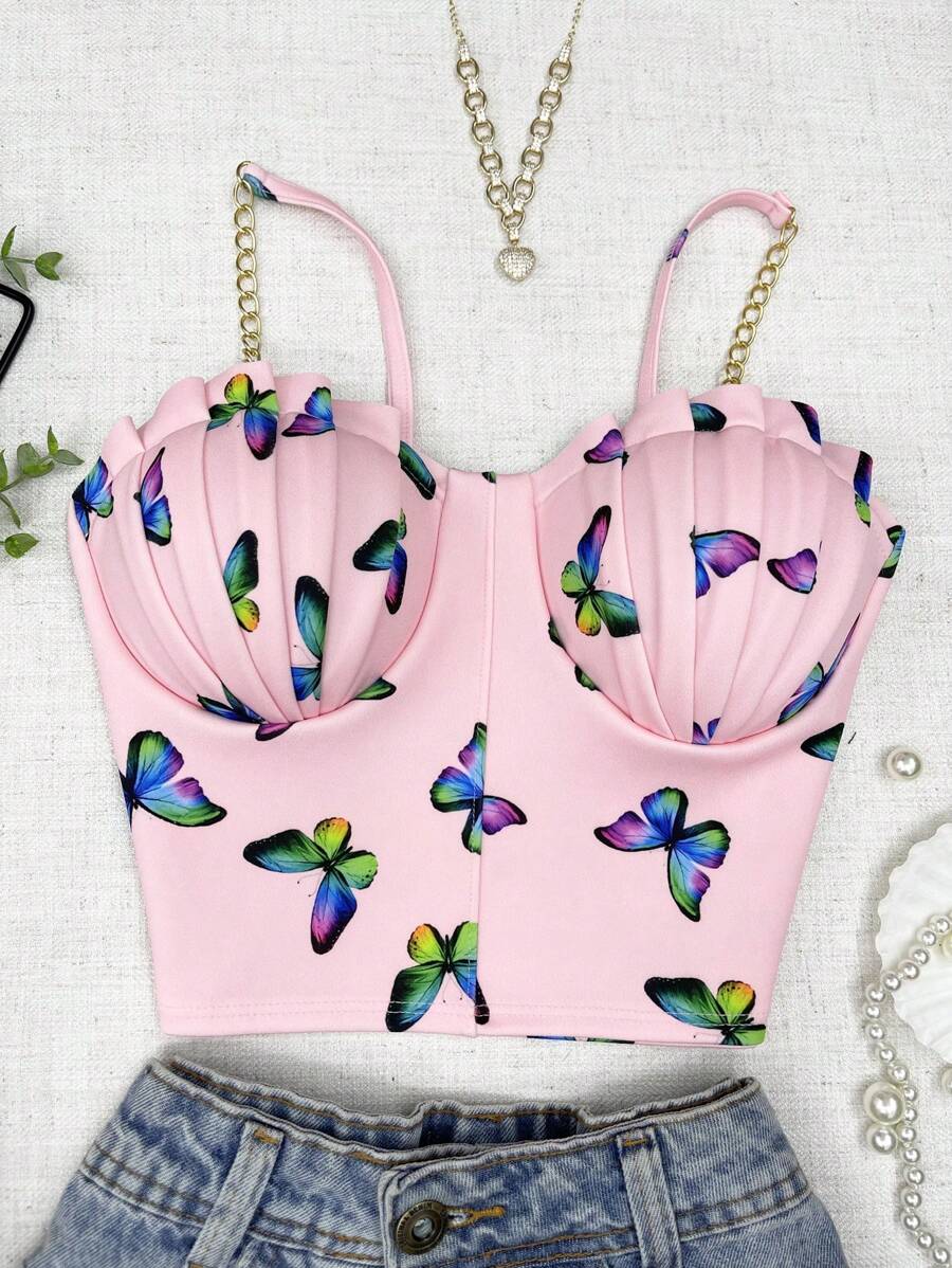 ELLIE Neoprene Cropped Top With Braided Straps And Butterfly Print With Padding - 淺粉色 - 查看 1