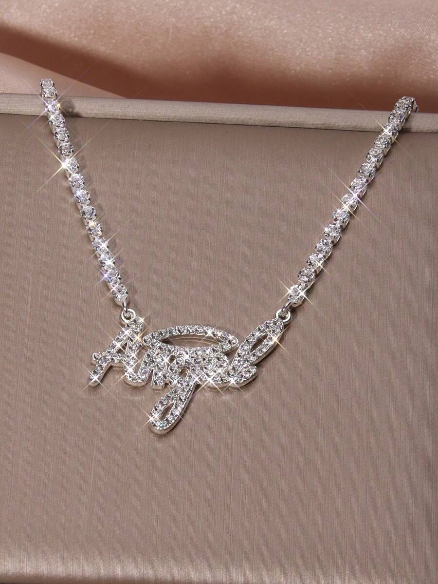 1pc Angel Letter Fully Rhinestone Necklace, Suitable For Women Daily Wear - Silver - View 1