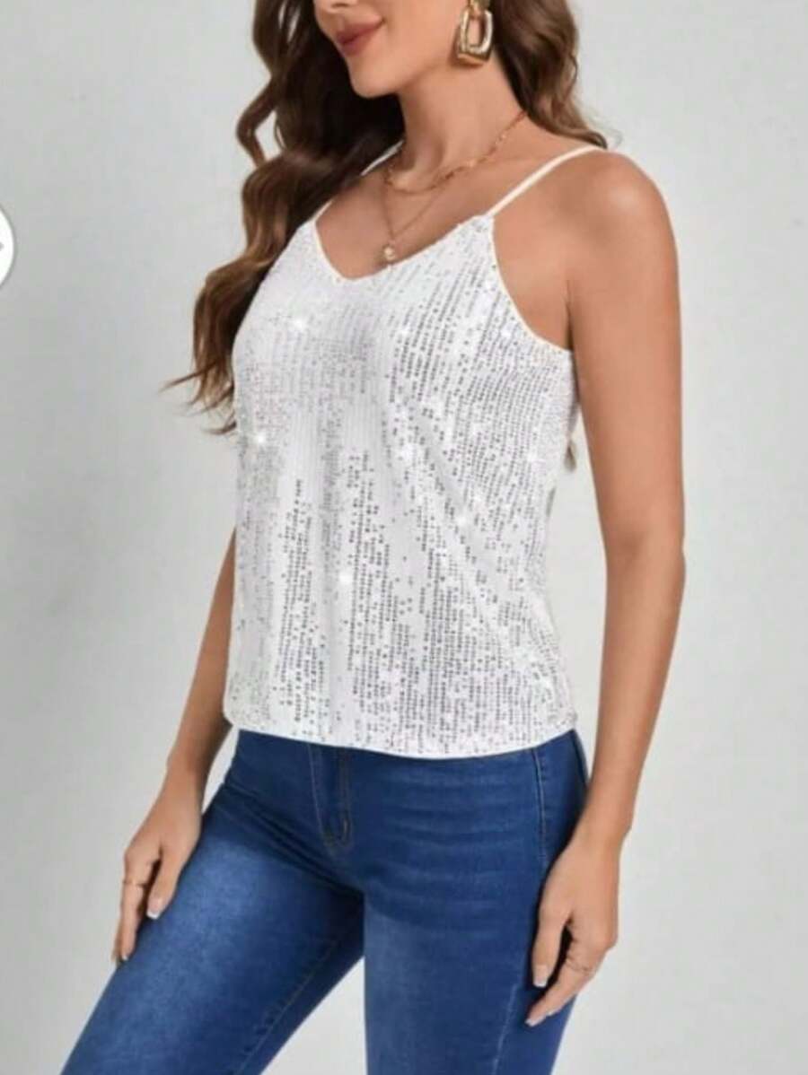 Women's Premium Silver Tank Top With Thin Straps And Shiny Details Fashion - 白色 - 查看 1